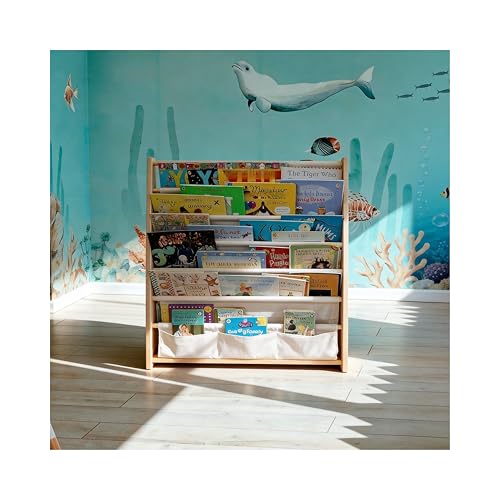 NCEDN Upgraded 7-Tier Kids Bookshelf - Wooden Childrens Bookcase Storage Rack with Sling Pockets Easy Access Book Display Shelf for Toddler Nursery and Kids Room Cream Beige