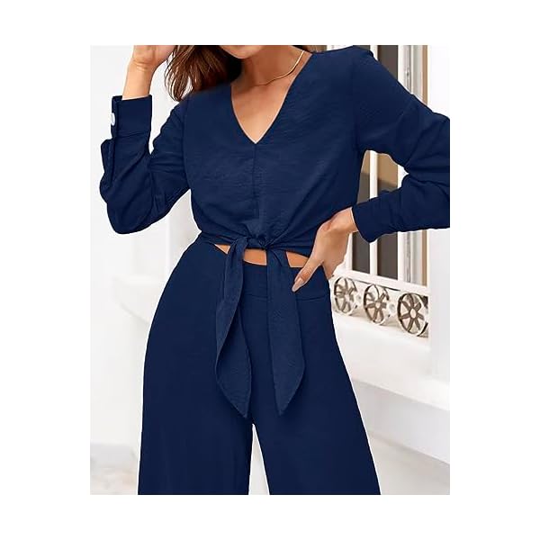 PRETTYGARDEN Woman Elegant Fall Clothes Dressy Crop Top Palazzo Pant With Pocket Spring Solid Color 2 Piece Outfits 2023(Solid Dark Blue,Medium)