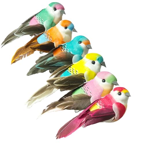 LWINGFLYER 6pcs Artificial Spring Birds Clip on Colorful Bird for Crafts Tree Ornaments Decoration Season Decor Sparrow Birds