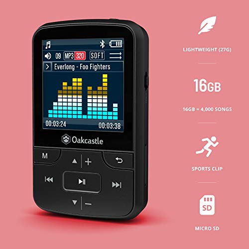 Oakcastle MP100 16GB Mini Portable MP3 Player with Bluetooth, FM Radio, Micro SD slot, Headphones + Waterproof Case Included, Expandable up to 128GB, plays FLAC & WAV files, Ideal for Running & Sports - Thumbnail 2