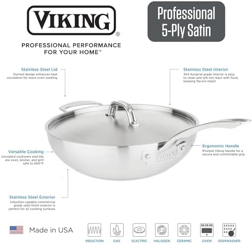 Viking 5-Ply Chef Pan, 12 Inch Stainless Steel Saute and Frying Pan with Lid, Dishwasher and Oven Safe, Induction Ready, Silver - Thumbnail 4