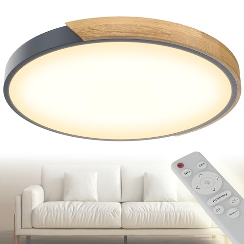 YRHome Deckenleuchte Holz LED - Modernes Design, Grauer Rahmen, 96W Dimmbar, Fernbedienung, 60 cm x 5 cm, Wohnzimmerlampe
