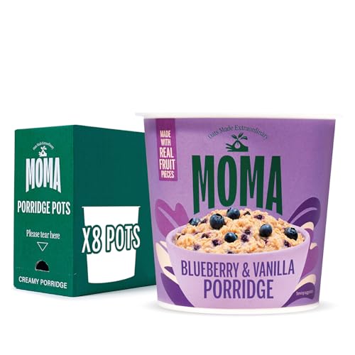 MOMA - Blueberry & Vanilla Porridge Pot - 65g x 8 - Made with British Wholegrain Jumbo Oats • High in Fibre & Protein • Ready in 3 Minutes • Contains Real Fruit • No Added Sugar