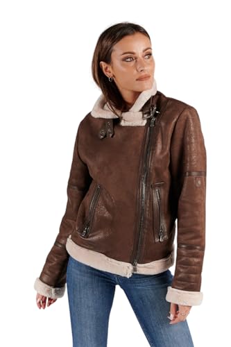 BARONE Shearling, Damenjacke, Shearling, Lammfell und Alcantara, hergestellt in Italien, braun, S
