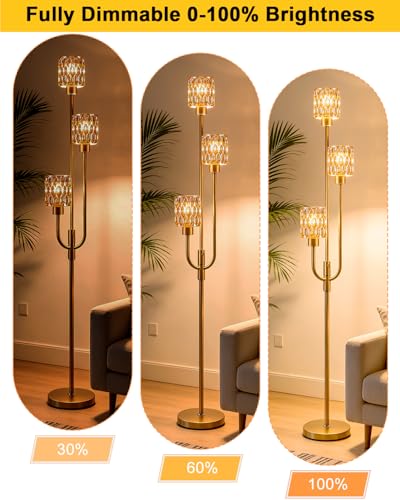 Image of 66IN Glass Floor Lamp 3-Lights Modern Gold Dimmable Floor Lamps with 3000K Warm White Bulbs for Wedding Party Tall Standing Lamp with Amber Glass Shade for Living Room /Bedroom /Home Decor