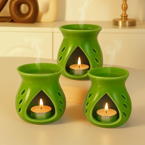 Image of Floryn Decor Ceramic Diffuser with Free 3 Tealight Candles | Home Fragrance, Spa, Office & Yoga | Aromatherapy Gift Set of 3 (Green)