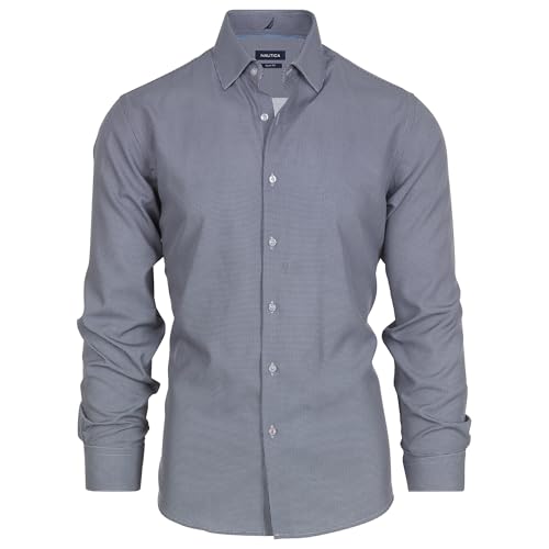 Nautica Camisa social masculina slim fit, manga comprida, tecido misto de poliéster, sem rugas, elasticidade em 4 direções, Micro xadrez preto, GG