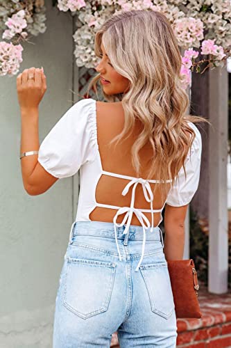 Image of oten Women's Sexy Backless Puff Sleeve Square Neck Tie Back Bodysuit Tops