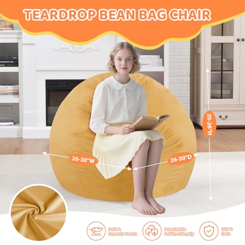 2FT Bean Bag Chair, Comfy Bean Bag Chairs with Memory Foam Filled, Fluffy Beanbag Sofa with Dutch Velvet Cover, Teardrop BeanBag Chairs for Living Room, Playroom - Mustard