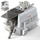 XXXXL Stainless Steel Litter Box with Lid,28.0' L × 20' W × 17' H Extra Large High Sided Cat Litter Box for Multi -Cats,Enclosed Metal Litter Box with Cat Scratcher and Scoop,Grey
