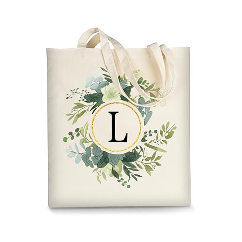 Image of AUSVKAI Canvas Tote Bag for Women, Cute Aesthetic Leaf Initial Trendy Cotton Reusable Personalized Birthday Bags