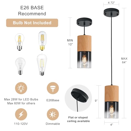Image of 3-Pack Modern Pendant Lights for Kitchen Island, Adjustable Black Pendant Light Fixtures with Raw Wood Grain, Industrial Glass Pendant Lights for Dining Table Hallway Bedroom Living Room
