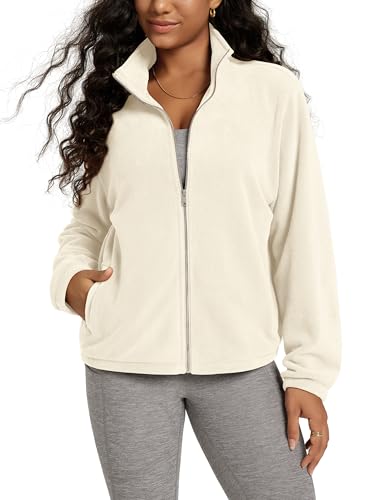 ODODOS Women's Polar Fleece Full-Zip Jacket – Soft Warm Winter Essential Long Sleeve Outerwear with Pockets, Cream, Large