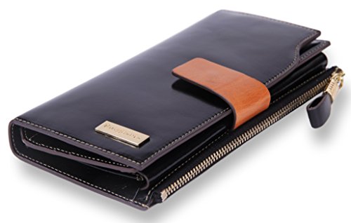 Borgasets Women's RFID Blocking Large Capacity Luxury Wax Genuine Leather Clutch Wallet Card Holder Organizer Ladies Purse Black