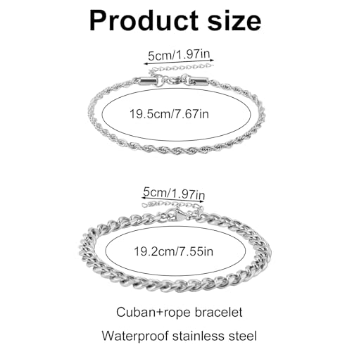 2pcs Silver Chain Bracelet for Men, Durable Waterproof Stainless Steel Cuban Link Bracelet Easter Gifts Fashion Men’s Jewelry for Him or Teens Boys Gift Ideas2