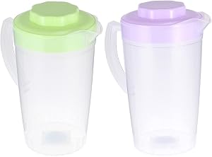 DOITOOL 2 Pack 2L Large Plastic Water Pitcher with Lid and Spout, Water Jug Beverage Pitcher with Handle for Homemade Juice, Ice Tea, Hot or Cold Beverages, Water (Purple and Green)