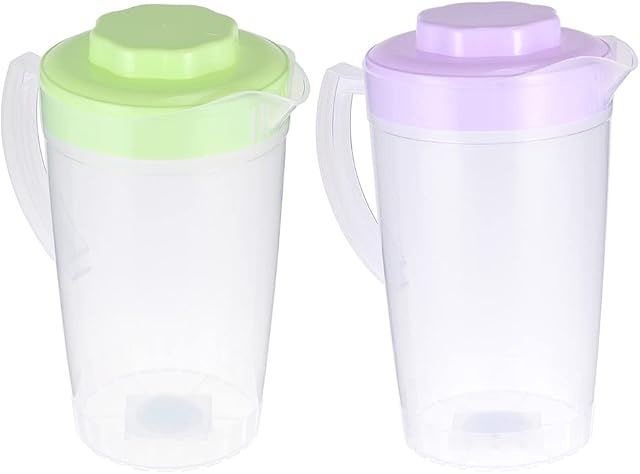 DOITOOL 2 Pack 2L Large Plastic Water Pitcher with Lid and Spout, Water Jug Beverage Pitcher with Handle for Homemade Juice, Ice Tea, Hot or Cold Beverages, Water (Purple and Green)