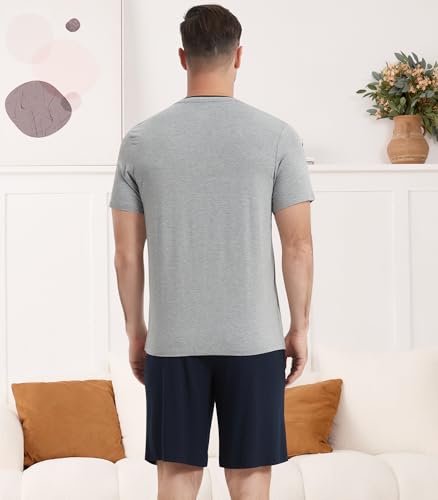 Image of NACHILA Men's Pajamas Set-Viscose Made from Bamboo, Short Sleeve Sleepwear Soft Pjs with Shorts V Neck Loungewear Sets