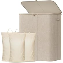 Lifewit 185L Large 3 Section Laundry Hamper with Lid, Plastic Laundry Basket with Bamboo Handles and Removable Bags, Tall Foldable Clothes Hamper for Bathroom Bedroom, Beige