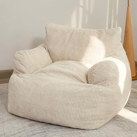 HIGOGOGO Giant Bean Bag Chair Sofa, Big Comfy Chair for Bedroom Living Room, Bean Bag Lazy Chair for Adults with Pocket Armrests for Gaming, Reading, Beige Cover