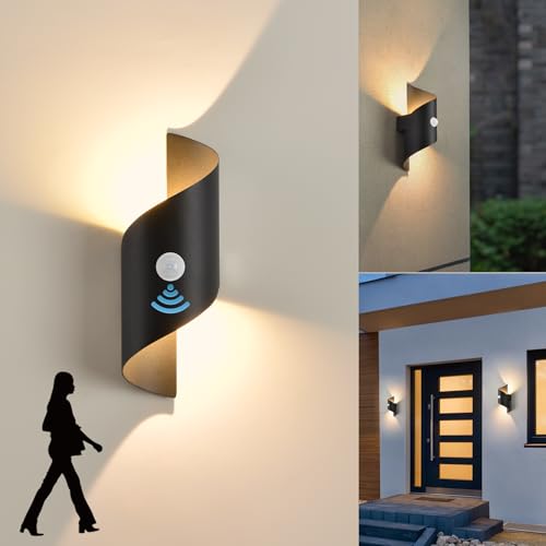 KUKAK LED Indoor/Outdoor Wall Light with Motion Sensor, 10W 3000K Warm White, IP65 Waterproof, Modern Spiral Black Wall Sconce for Garden, Entrance, Patio