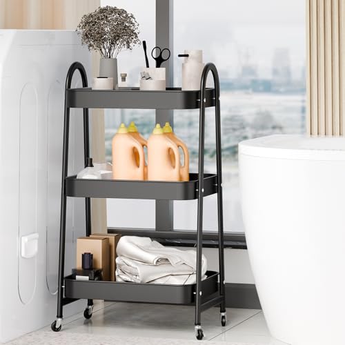 Rotating Storage Rack,Kitchen Storage Cart on Wheels 3 Tiers Stackable Carbon Steel Storage Baskets with Casters, Fruit Vegetable Produce Organizer Bins for Kitchen, Pantry, Bathroom Black