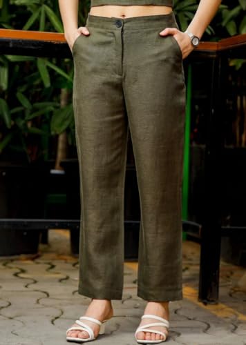 Image of Vogaan Women Cotton Linen Blend Straight Fit Trousers | High Waist Casual Office Pants | Solid Ankle Length Bottom Wear