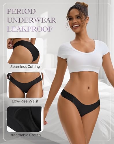 Women's Period Underwear Seamless No Show Invisible Lace Leakproof Menstrual Bikini Panties 3-Pack3
