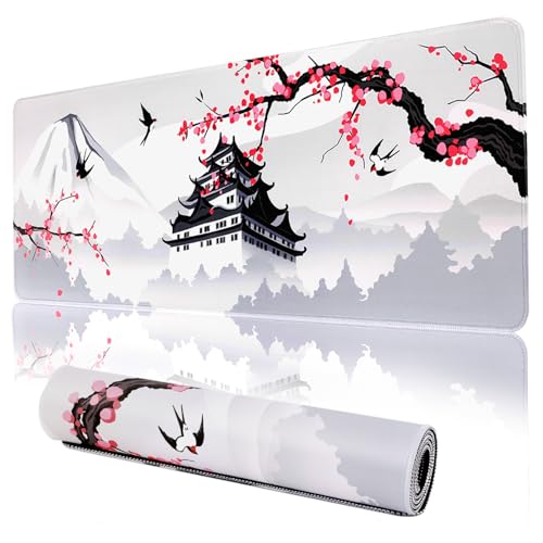 XXL Large Gaming Laptop Anime Mouse Pad,Japanese Cherry Blossom White Game pad, Big Desk Pads PC Keyboard Waterproof and Non-Slip 35.5 x 15.7 inches Rubber Table Mat (Cherry Blossom, 40cm x 90cm)