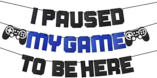 Video Game Party Supplies I Paused My Game To Be Here Banner, Blue Gaming Birthday Party Decorations for Boys, Glitter Game Theme Backdrop Sign Decor
