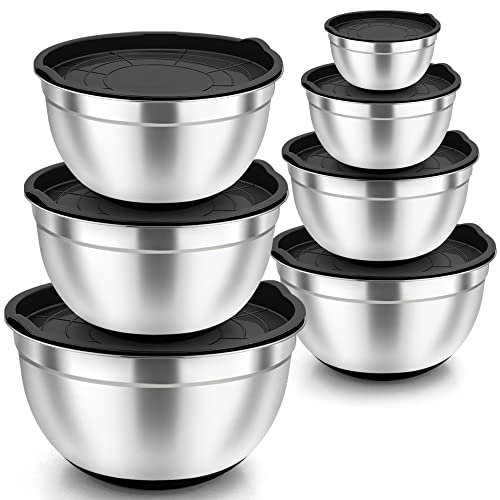 Teamfar Mixing Bowls, Stainless Steel Mixing Bowls With Lids, Black Nesting Salad Bowl With Air-Tight Lid & Silicone Bottom, Non Slip & Stackable - Set Of 7-4.6/3.5/2.6/2 / 1.5/1 / 0.7 Qt #TOP11