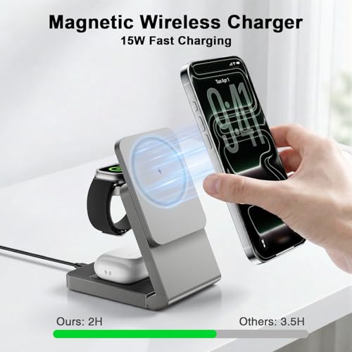 Image of 3 in 1 Wireless Charger Station for Multiple Devices, Foldable Magnetic Charging Stand, Portable Fast Travel Wireless Charger for iPhone17 /16 /15 /14 /13 /12 Pro Max / AirPods2 /3 /4 and IWatch Ultra Series