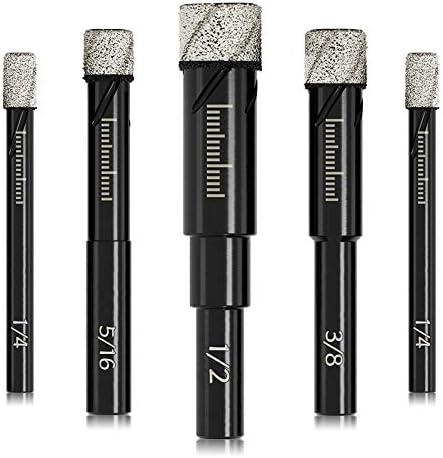 Dry Diamond Drill Bits Set 5 PCs for Granite Ceramic Marble Tile Stone Glass Hard Materials (not for Wood), Round Shank 1/4, 5/16, 3/8, 1/2 inch with Storage Case