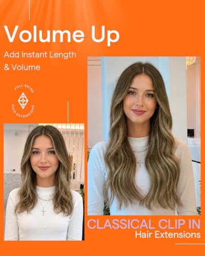 Image of Full Shine Clip in Hair Extensions Real Human Hair Brown Balayage | Hair Clip in Extensions, Double Weft, Medium Brown Human Hair Extensions for Women, 14 Inch 7 Pcs 120g