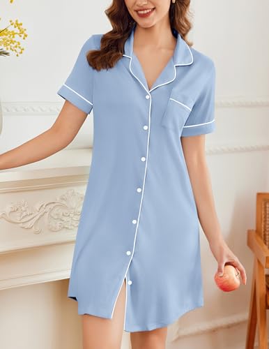 Image of Ekouaer Nightgowns for Women Button Down Sleepshirt Short Sleeve Nightshirt Boyfriend Pajamas V Neck Nightdress S-XXXL