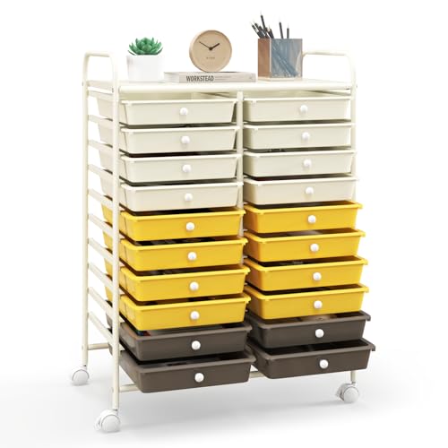Happygrill 20-Drawer Organizer Cart Tools, Mobile Utility Storage Cart with Removable Drawers & Lockable Wheels, Rolling Storage Cart with wheels for Home Office School (Yellow, Beige & Grey)