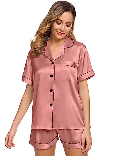 Image of SWOMOG Womens Silk Satin Pajamas Set Short Sleeve Sleepwear Button Down Top and Shorts Loungewear 2 Piece Pjs Set XS-3XL