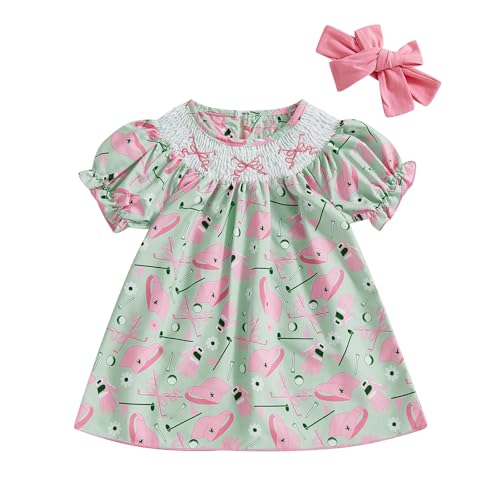 Yxniwxe Toddler Baby Girl Golf Outfit Baby Golf Clubs Embroidery Short Puff Sleeves Smocked Golf Dress Headband 2Pcs Summer (Green, 2-3 Years)