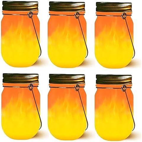 Mason Jar Solar Lights Lanterns, 6-Pack Amber Flame Flicker Lights with Glass Mason Jar,Best for Wedding Garden Patio Outdoor Solar Powered Hanging Lanterns(Jars & Hangers Included) Cover