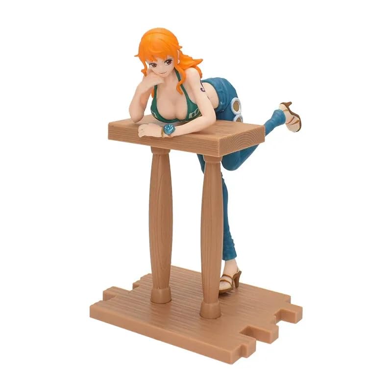 Image of One Piece Nami Grandline Journey Style Action Figure | 17cm Nami Figure Leaning Pose in Green Bikini & Tight Blue Jeans with Wooden Base Figure for Table & Desk Decor, Gift For Anime Fans