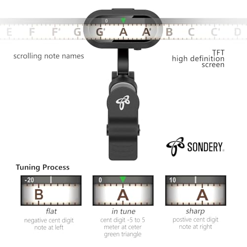 sondery guitar ukulele tuner clip on rechargeable easy to read simple tft screen extremely fast and accurate tuning headstock chromatic tuner pitch 410-460hz perfect for any lighting