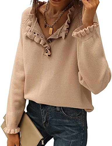 BTFBM Women's Sweaters Casual Long Sleeve Button Down Crew Neck Ruffle Knit Pullover Sweater Tops Solid Color Striped(Solid Khaki, Small)