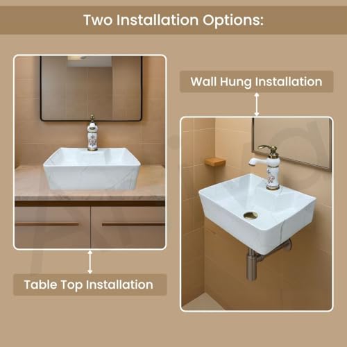 Image of Artiva Ceramic Wall Mounted Bathroom Basin /Designer Table Top Sink For Bathroom /Wall Hung Washbasin /Wash Basin For Cabinet, Countertop, Vanity (Lina White 16 x 12 x 5 Inch)