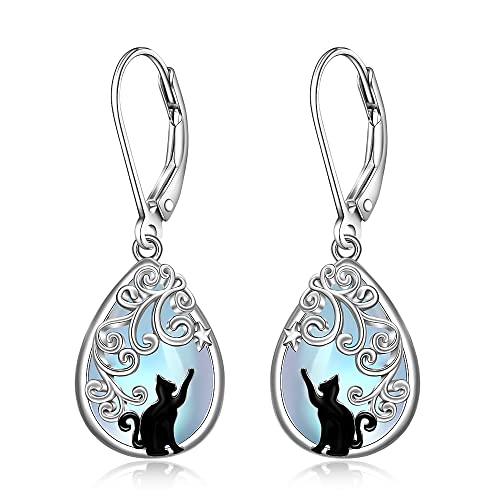 Sterling Silver Teardrop Moonstone Black Cat Earrings