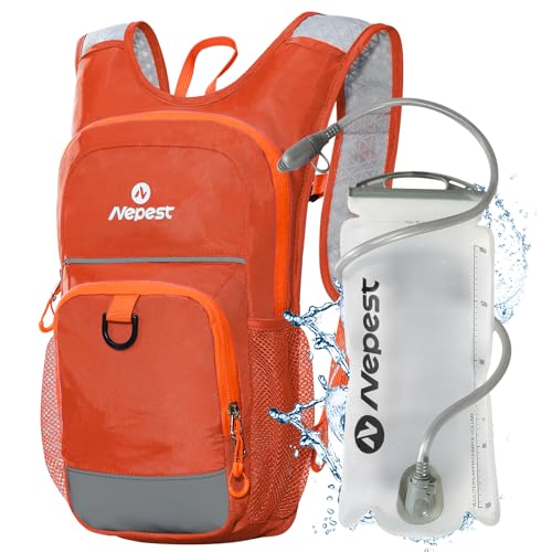 Nepest Kids Hydration Backpack, Mini Water Backpack with 1.5L Water Bladder for Hiking Cycling Running, Orange