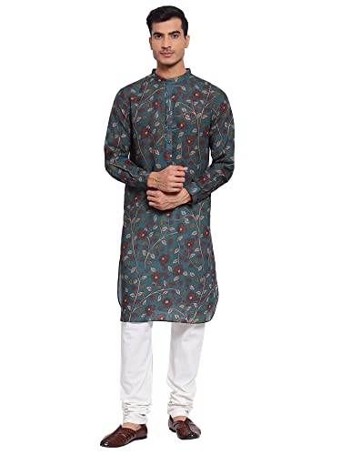 Image of Style Quotient Men Green Ethnic Motifs Printed Thread Work Kurta