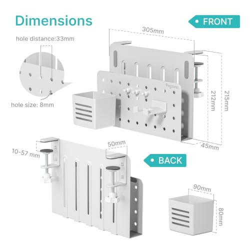 Image of PEGZONE Desk Side Storage Organizer, No Drill Under Desk Laptop Holder, Clamp on Desk Shelf with Pegboard Accessories, Hanging Laptop Mount, Fits Flat Edge Desks 0.4 inch to 2.2 inch, White