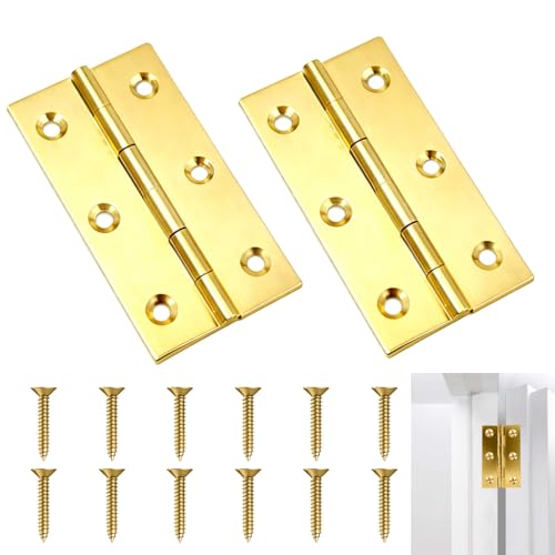 Image of 2 Pcs Brass Door Hinges, 2.5 Inch/63mm Brass Butt Hinges, Mini Folding Butt Hinge with Screws Furniture Hinges Durable Cabinet Hinge for Wooden Boxes Jewelry Boxes Wine Cases