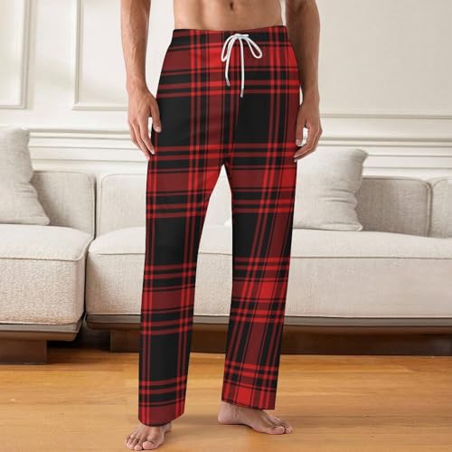 Bagea-Ka Christmas Red Black Tartan Check Pattern Mens Pajama Pants Lounge Sleep Long Pants with Pocket Loungewear2
