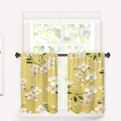 BaoNews Flowers Blackout Tier Curtains, White Flowers with Green Leaves On Yellow Background Half Window Drapes for Kitchen with Rod Pocket,Room Darkening 2 Pack 26X36 Inches